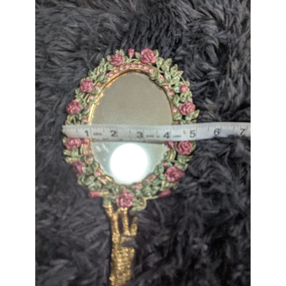 Vintage Ornate Rose Hand Mirror Gold Tone Pink Rhinestone Floral Vanity‎